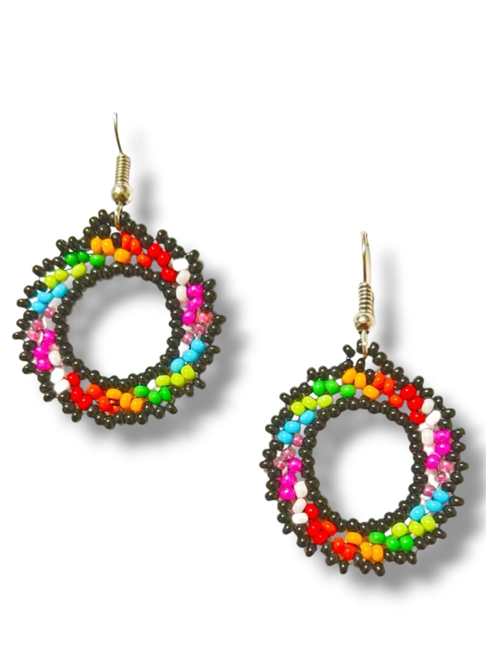 Handmade Rainbow Hoop Beaded Earrings LGBTQ Pride Glass Seed Bead Boho Festival